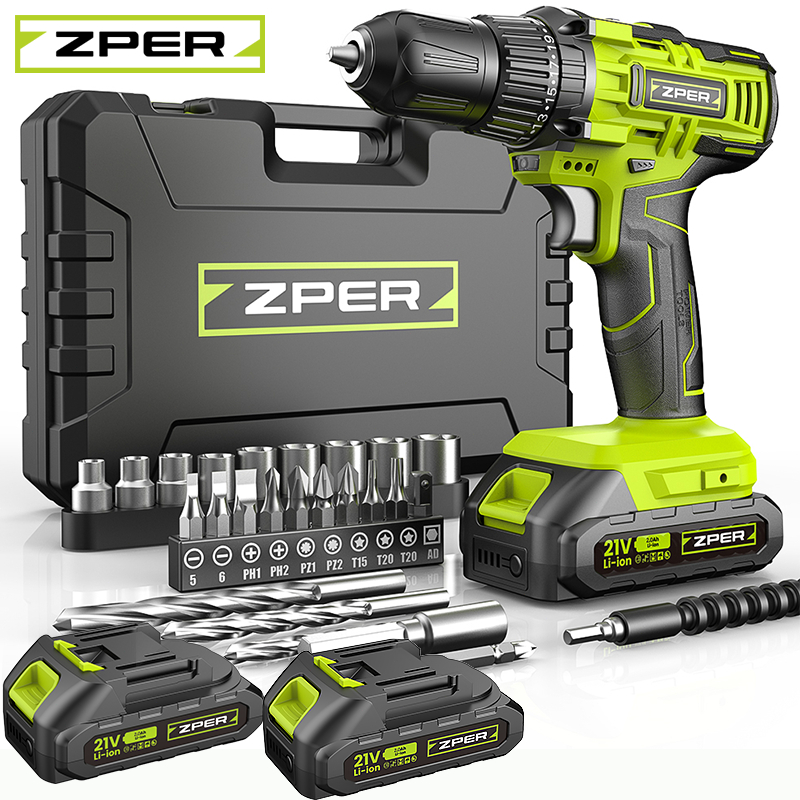 ZPER Furadeira Parafusadeira A Bateria 21V Com Duas Bateria Maleta Kit Ferramentas Completo