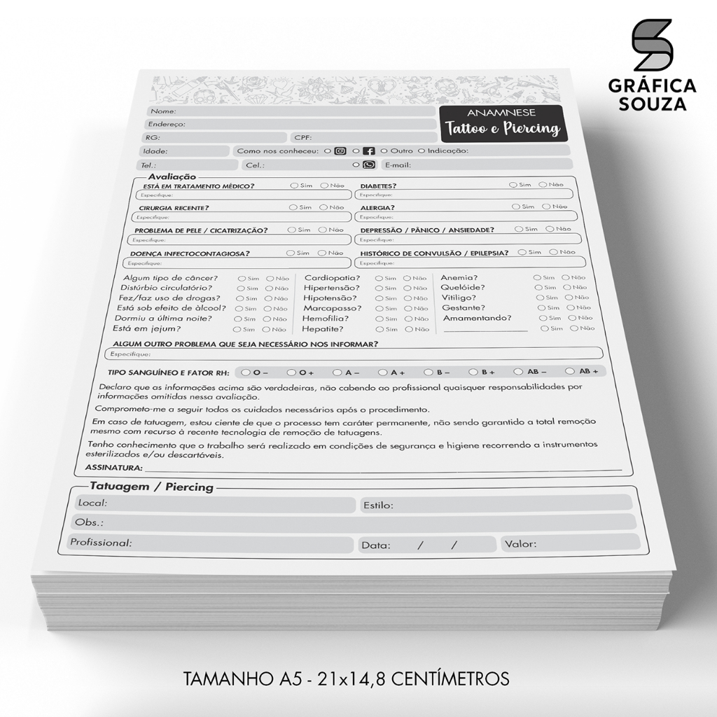 Bloco de Anotações Ficha de Anamnese para Tatuagem e Piercing / Tattoo Studio Estúdio - Modelo 01