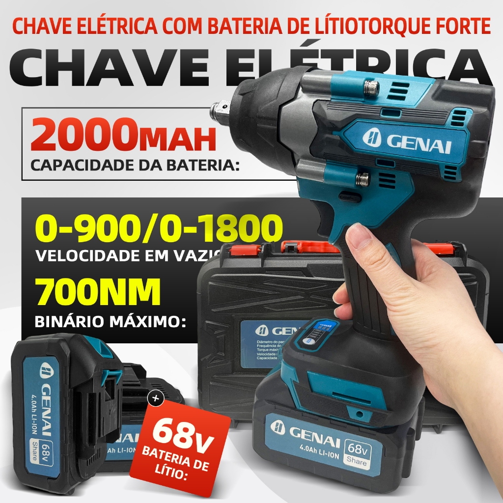 Motor Sem Escovas Parafusadeira Chave De Impacto Sem Fio Com 2 Baterias 68V + 22,32MM Sleeve