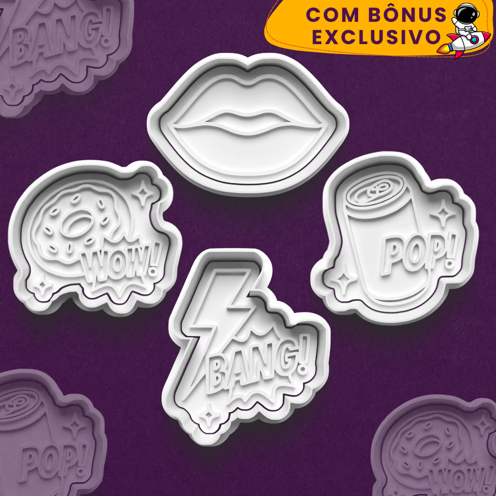 Kit 4 Cortador Marcador de Biscoito Retrô Pop Art Boca Donut Raio Refrigerante WOW POP BANG Pasta