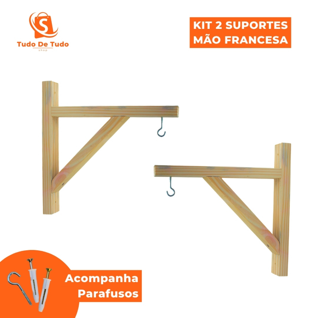 Kit 2 Suporte Mão Francesa Madeira Pinus 20x20cm com Gancho para Vaso, Planta, Prateleira