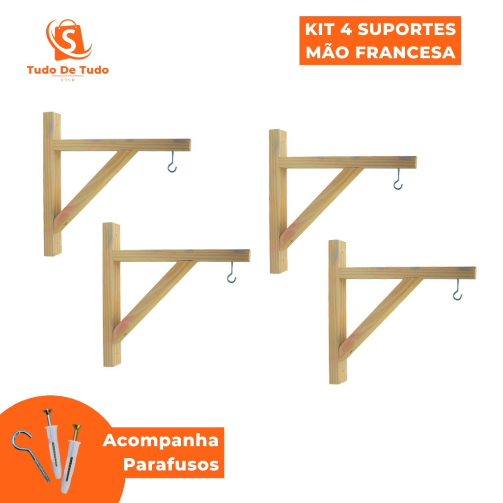 Kit 4 Suporte Mão Francesa Madeira Pinus 20x20cm com Gancho para Vaso, Planta, Prateleira
