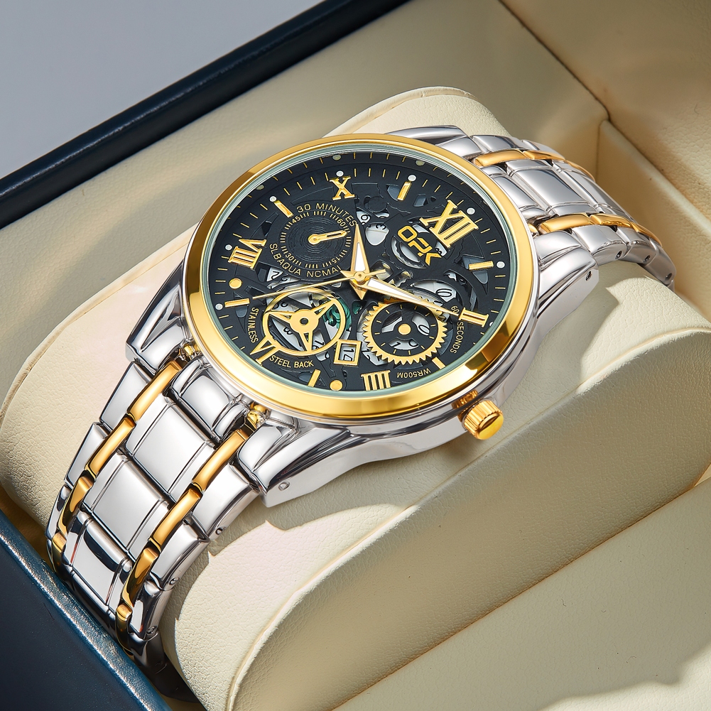 OPK Relógio Masculino Luminoso Design Oco Caixa Calendário Clasp A Prova D água Dourado Preto 8135 em Oferta na Shopee