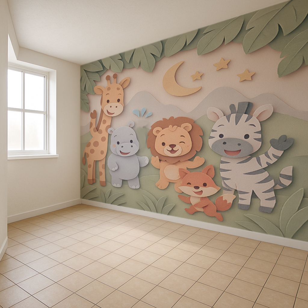 Papel de Parede Tema Safari Raf para quarto de Bebê Fofo + Nome  M² parede total