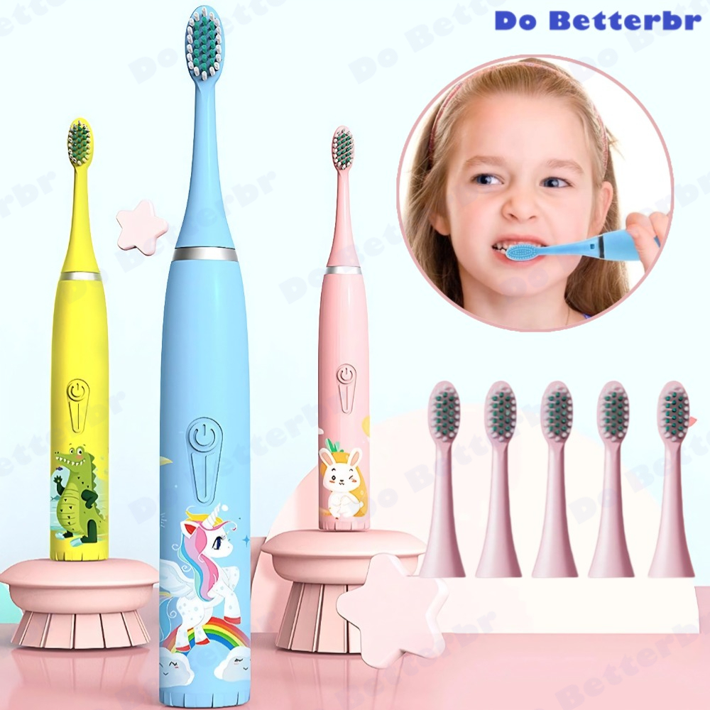 Escova Dental Elétrica Ultra-Sônica Para Crianças Acústica Onda Fofa Cabelos Suaves Dupla Face Limpa Cuidados