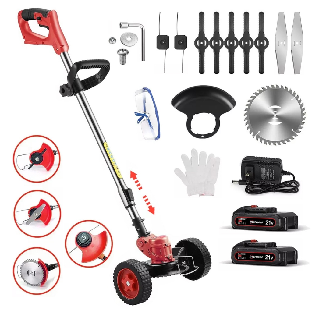 Roçadeira Aparador de Grama Elétrico Recarregável Com Rodas 2 Baterias de Lítio kit completo em Oferta na Shopee