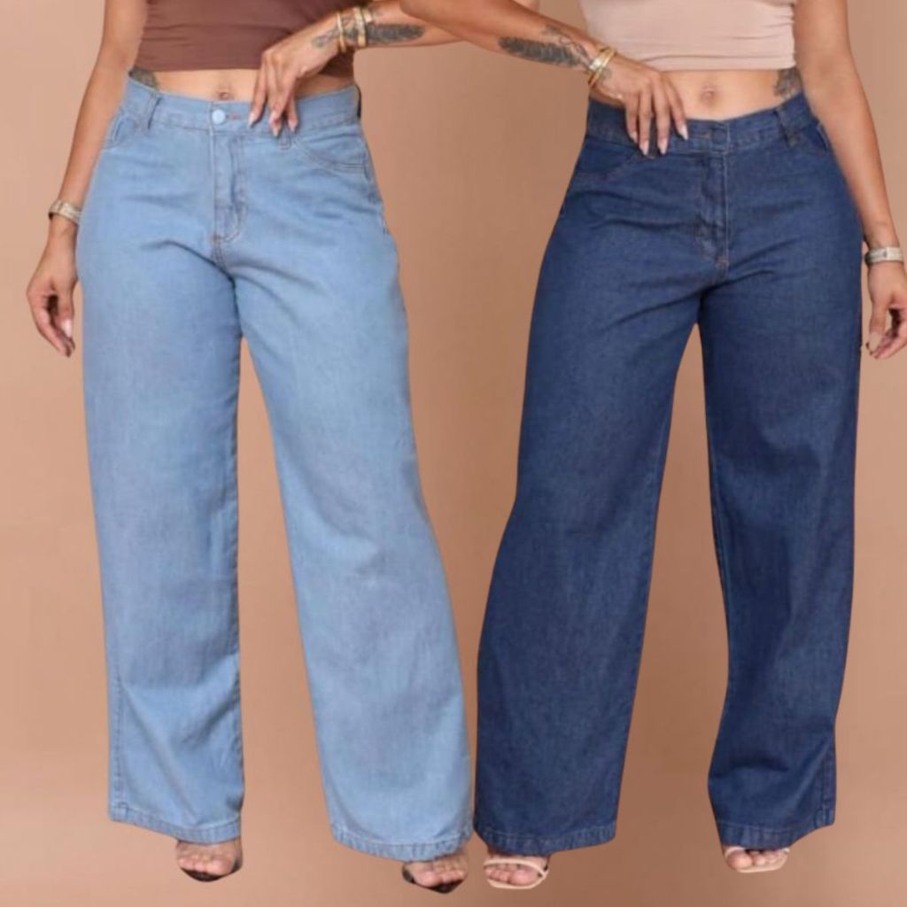 Kit 2 Calças Jeans Feminina Wide Leg Pantalona Cintura Alta  premium Cós Alto tecido grosso gringa