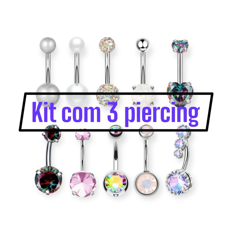 Kit 3 Piercing De Umbigo 316L Antialérgico Com Pedras Zircônias Coração Lilás Vermelho Cristal