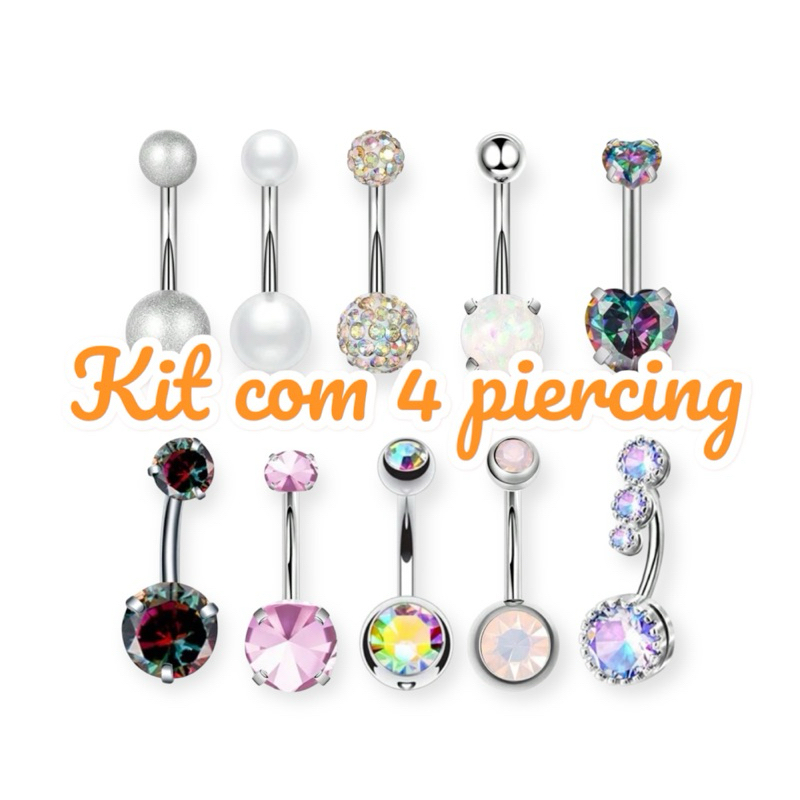 Kit 4 Piercing De Umbigo 316L Antialérgico Com Pedras Zircônias Coração Lilás Vermelho Cristal