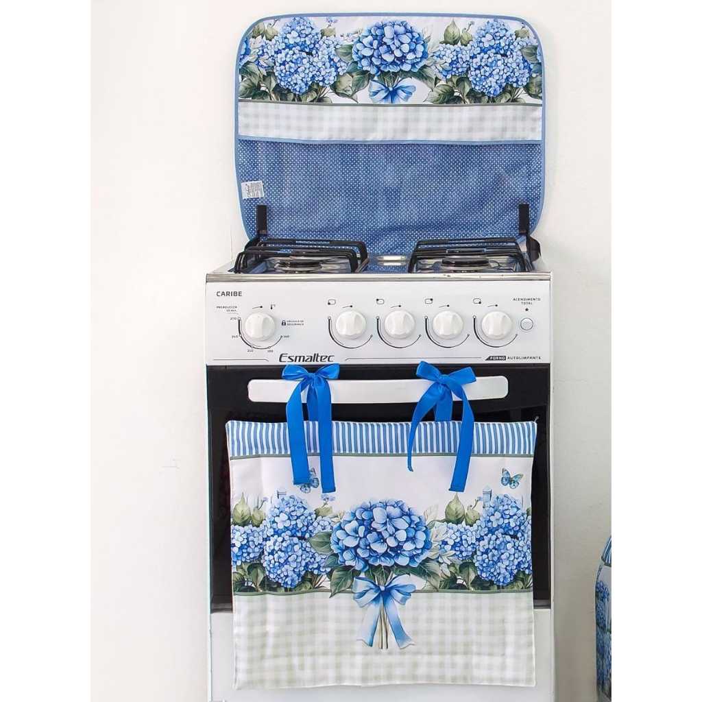 Kit para Fogão 04 Bocas Cortina Forno + Capa da Tampa Vidro - Estampa Hortênsia