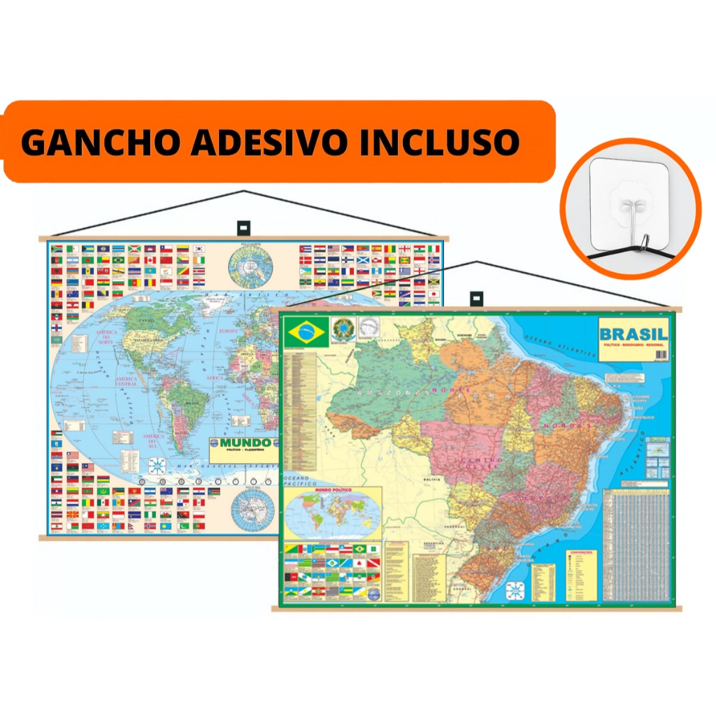 Mapa Brasil + Mundi Banner (EDIÇÃO 2026) Laminado Gigante 120x90cm + Gancho autocolante em Oferta na Shopee