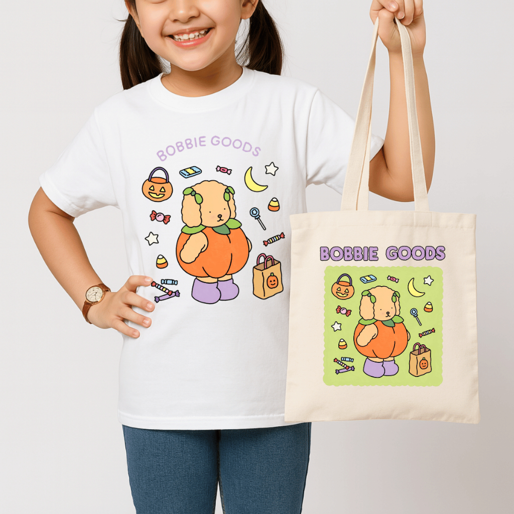 Kit Camiseta Infantil + Ecobag Estampada Bobiie Goods Cachorrinho Abobora Hallowen Em Algodão Tendência Livro De Colorir