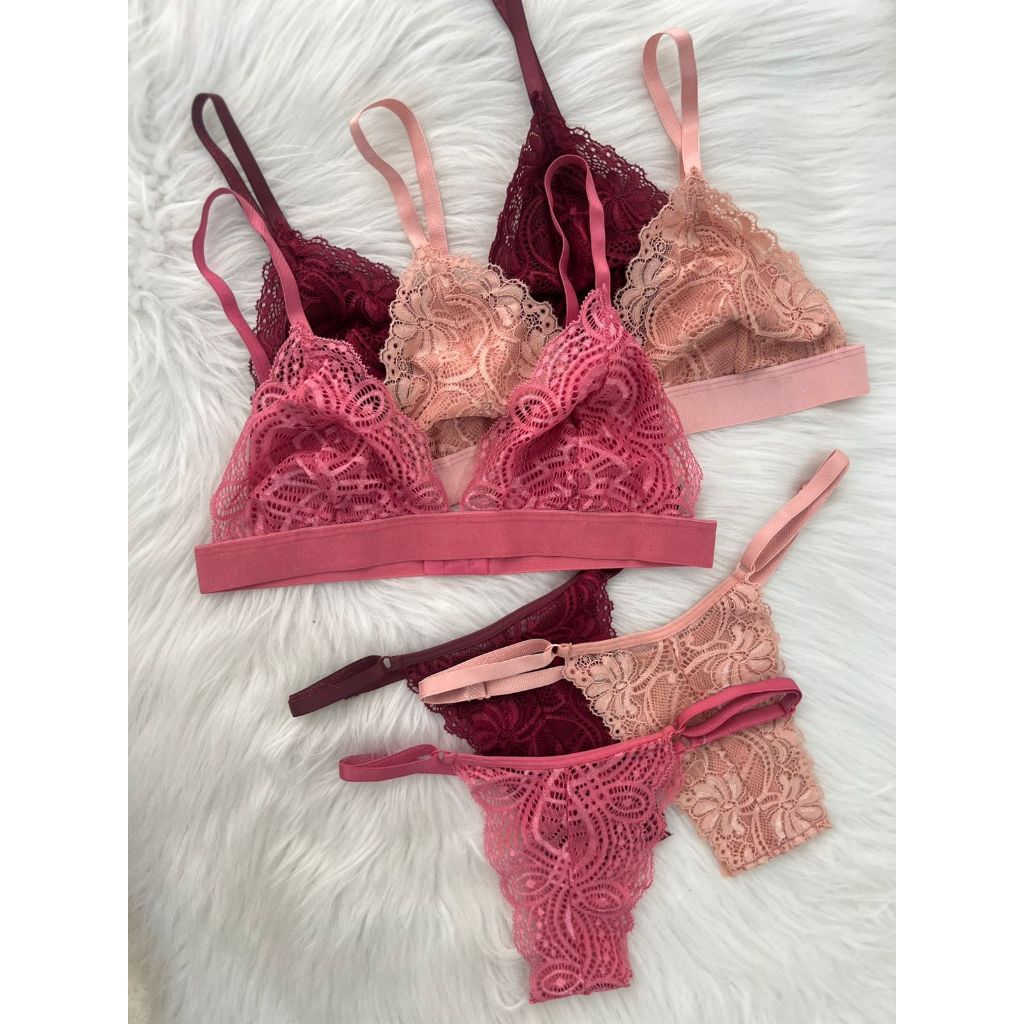 Kit 3 Conjunto Lingerie Feminina Sutiã Sem Bojo + Calcinha de Renda Regulagem