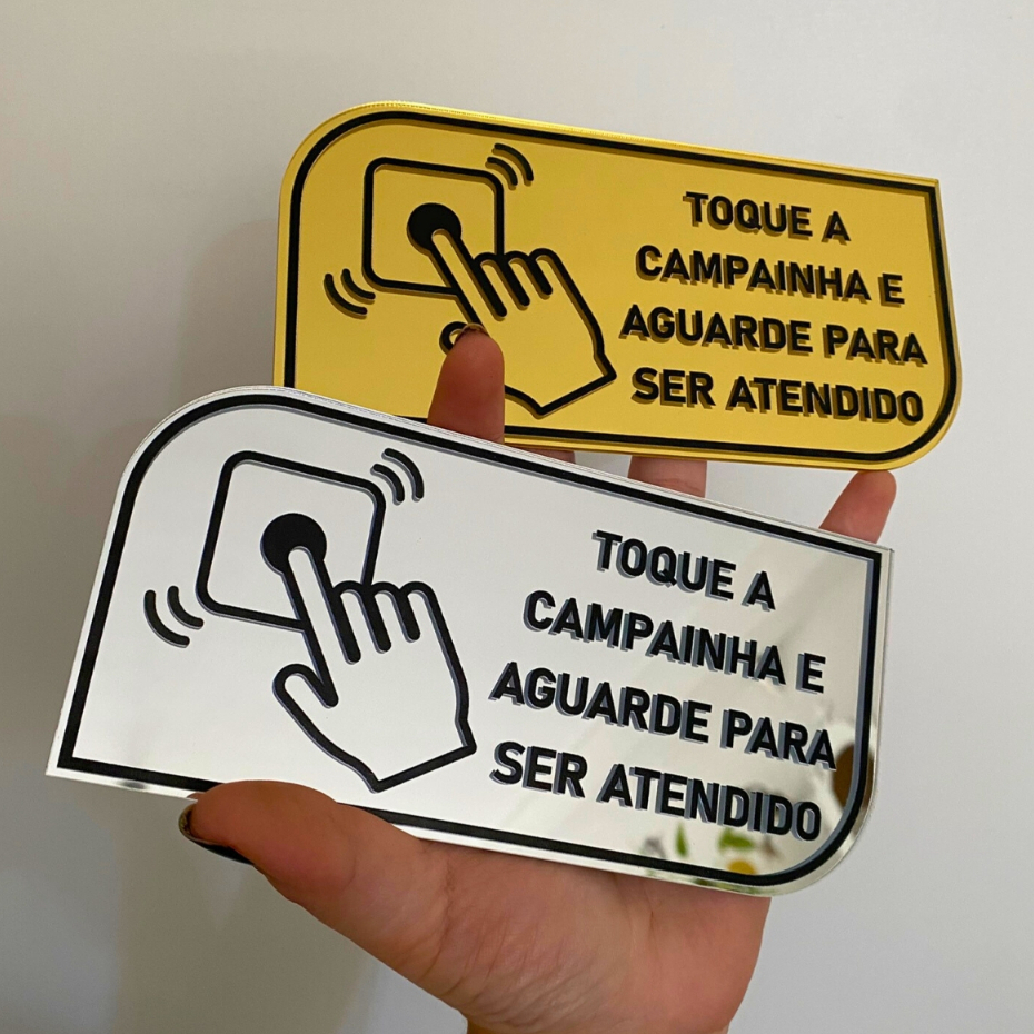 Placa Sinalização Toque a Campainha Acrílico Espelhado com Fita Dupla Face