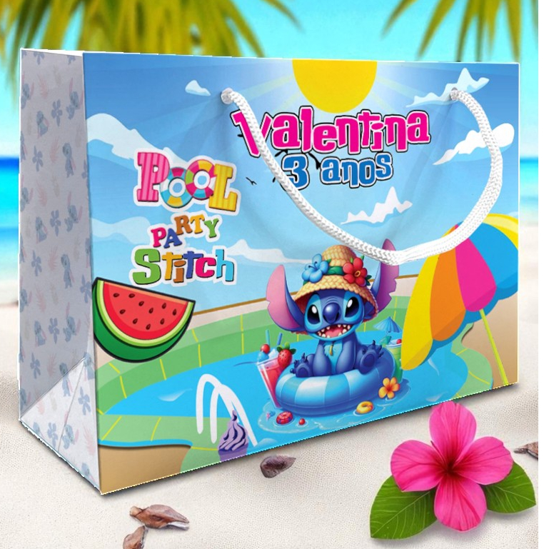 Sacolinha Stitch Pool Party Personalizada Kit Festa Lembrancinha Lilo & Stitch Sacola Deitada Reta Praia