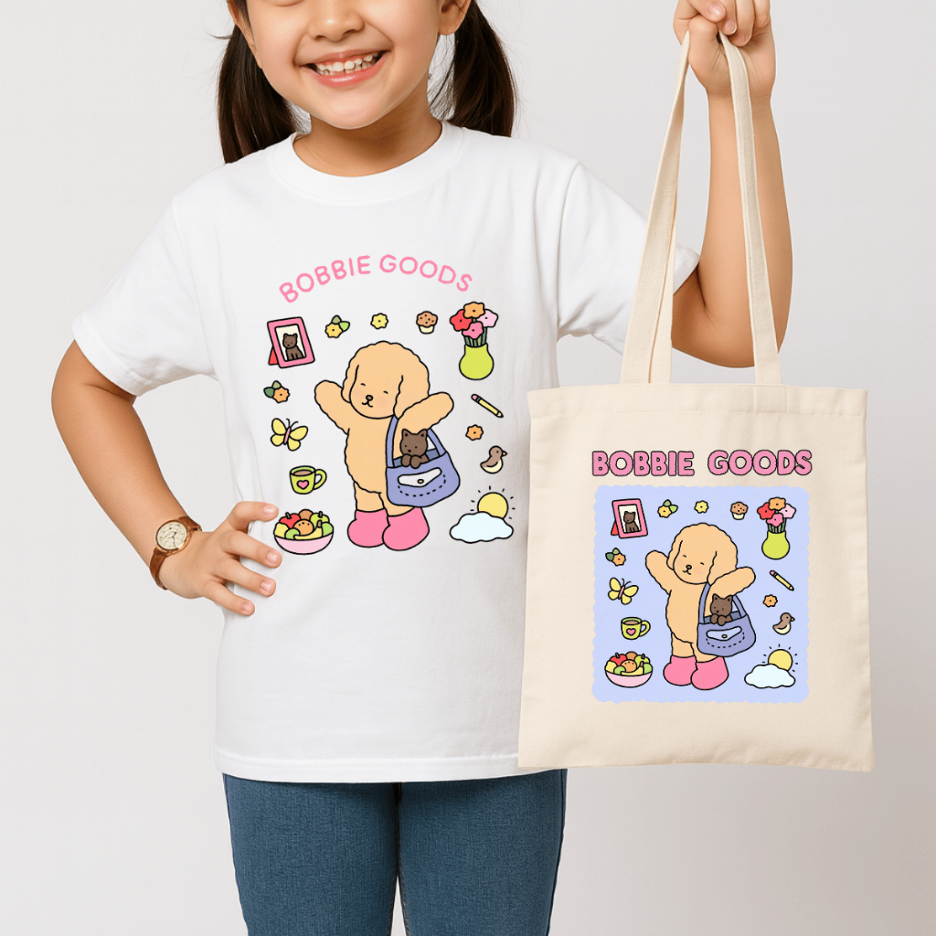 Kit Camiseta Infantil + Ecobag Estampada Bobiie Goods Cachorrinha Feliz Em Algodão Tendência Livro De Colorir