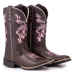 Bota Texana Country Feminina Tribal Rosa Bico Quadrado Solado De Borracha