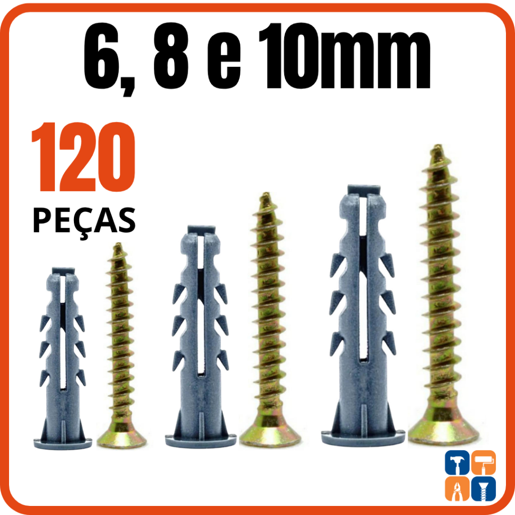 Kit Bucha com Parafuso 6 - 8 - 10 e Buchas com ou sem Anel Aba Fixação Parafusos Bucha 6mm 8mm 10mm