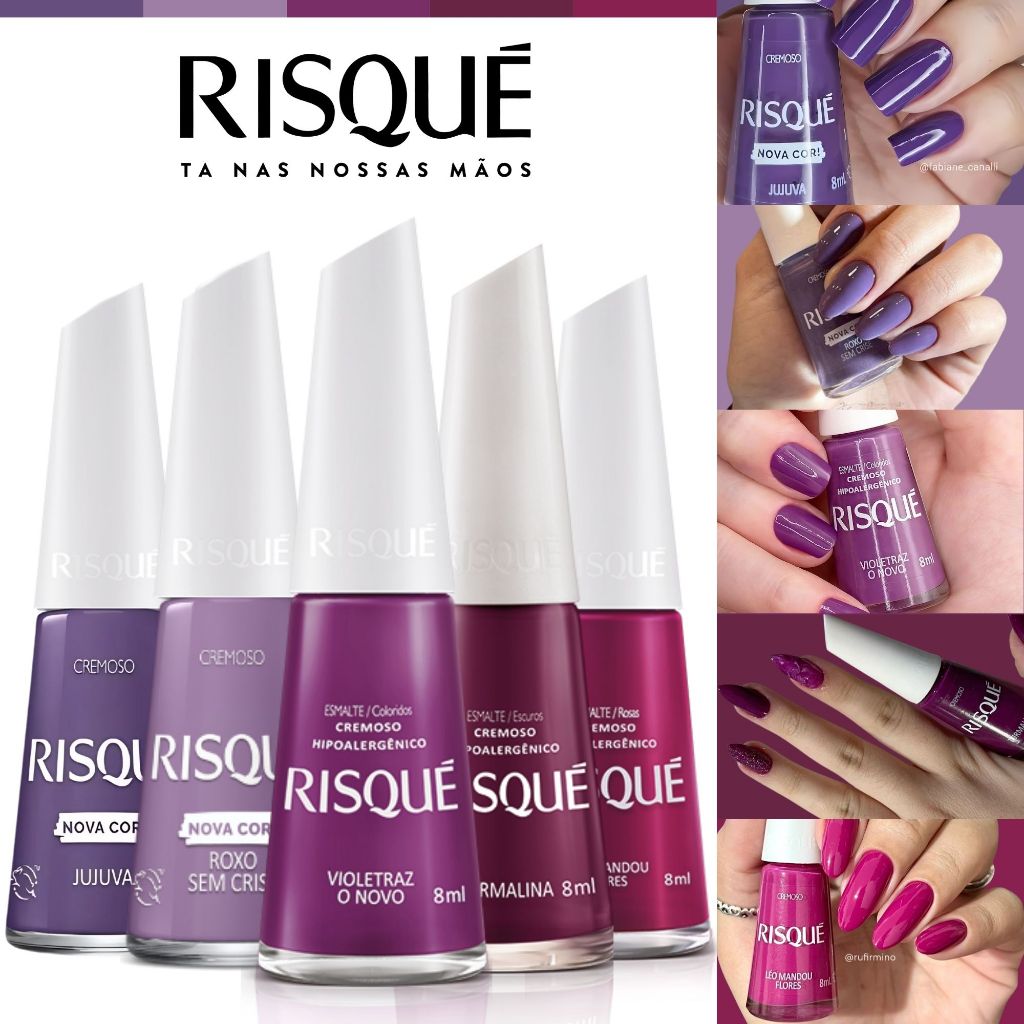 Kit 5 Esmaltes Risqué Novas Cores Cremosas Tons Roxos Esmalte Atacado  Roxo Sem Crise Jujuva Turmalina Violetraz Leo Man em Oferta na Shopee