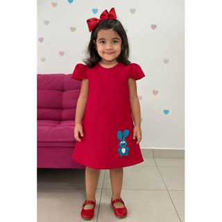 🎈✨ Vestido Infantil Vermelho com Coelhinho Azul ✨🎈 em Oferta na Shopee