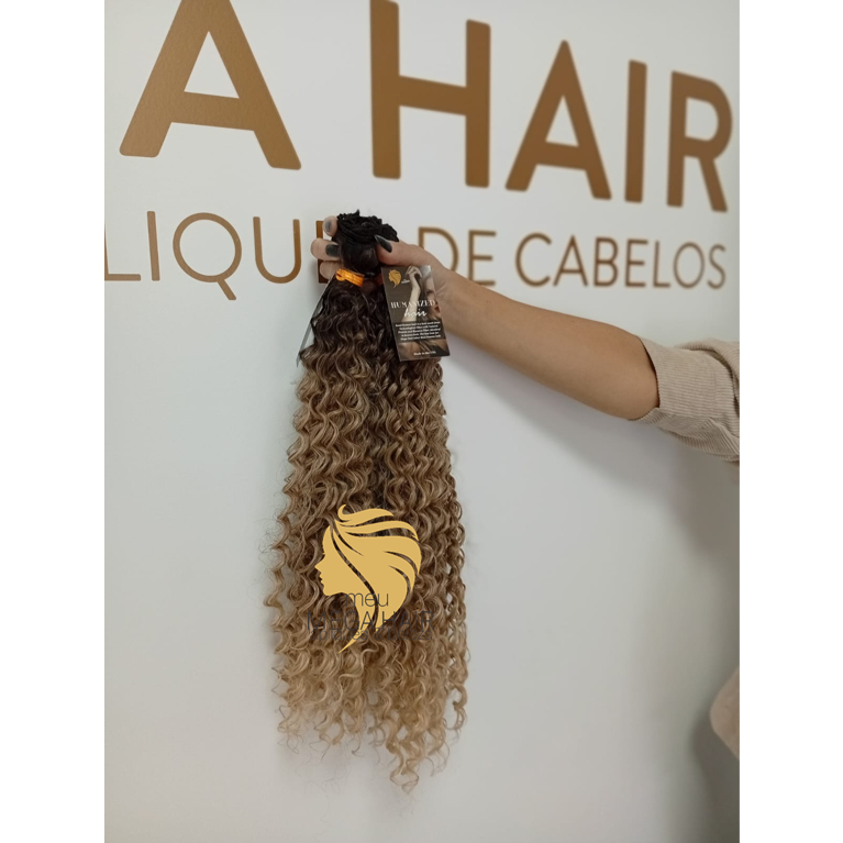 Aplique Cabelo 100% Semi Humano Na Tela Cacheado Loiro Esfumado 70cm igual Brasileiro do Sul