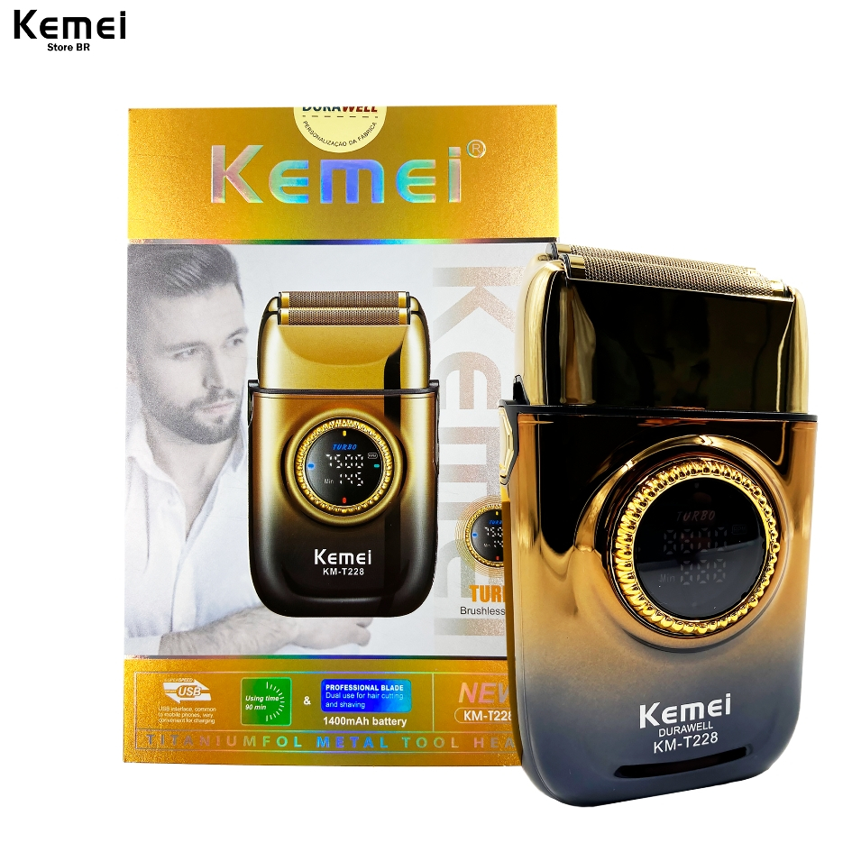 Kemei KM-T228 máquina de barbear masculina display led folha dupla sem fio cabeça óleo usb profissional - Beauty