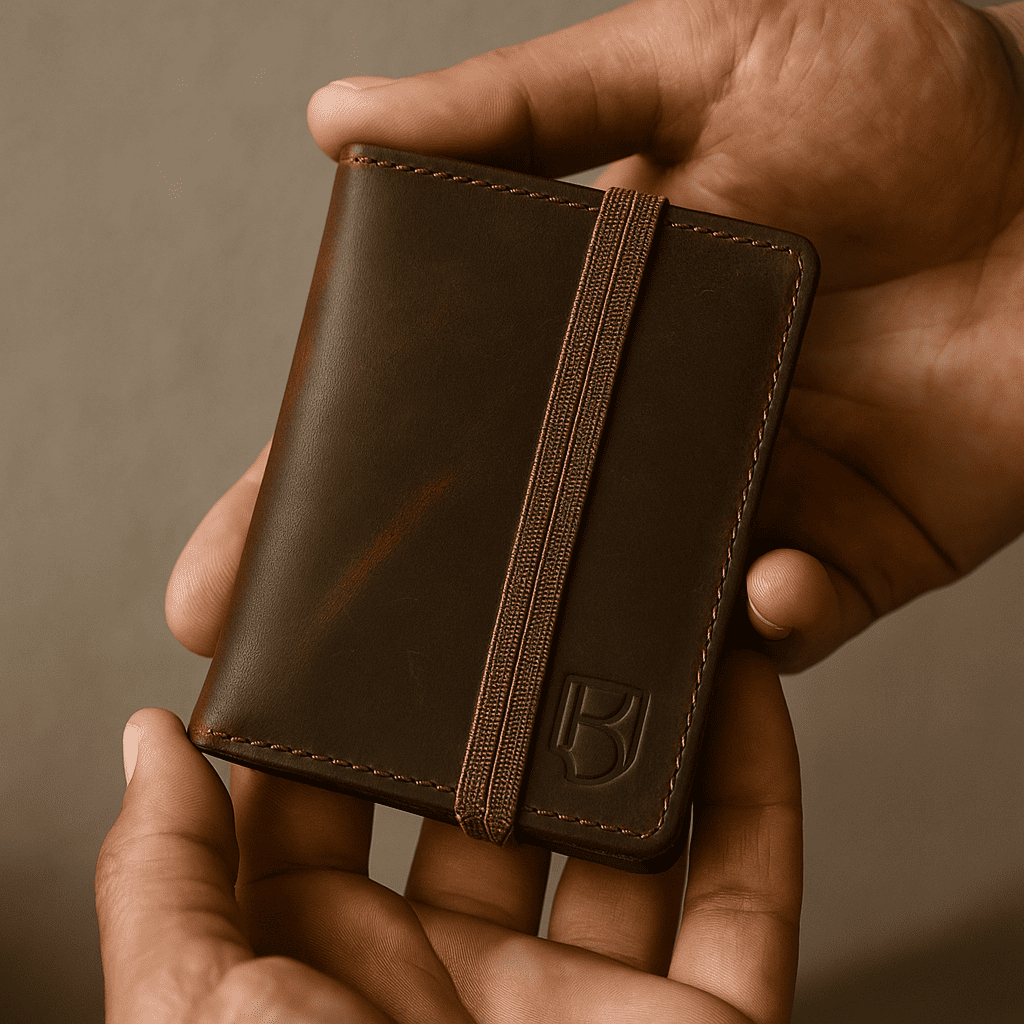 Carteira Masculina de Couro Slim com Elástico RFID Visor RG CNH 6 Cartões Acompanha Caixinha