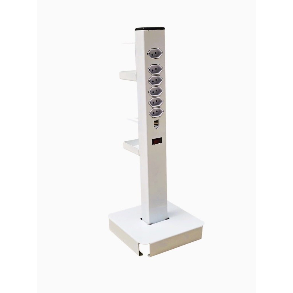 Totem Torre Carregador 53cm 6 Tomadas 10a 2 Portas Usb Mini Basic Branco Torre Carregador Celular