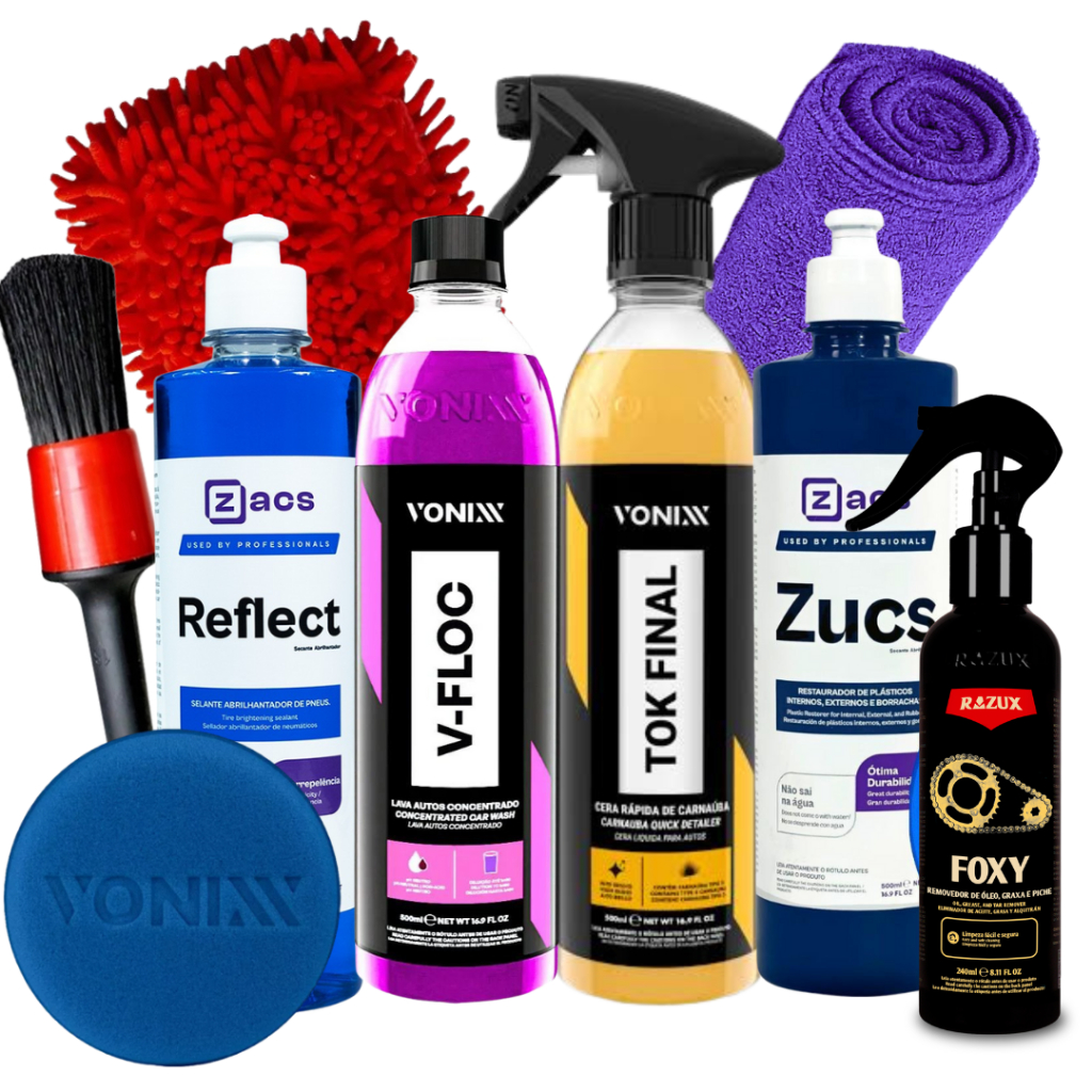 Kit Premium Estética Automotiva shampoo v-floc cera tok final reflect zucs foxy Líder