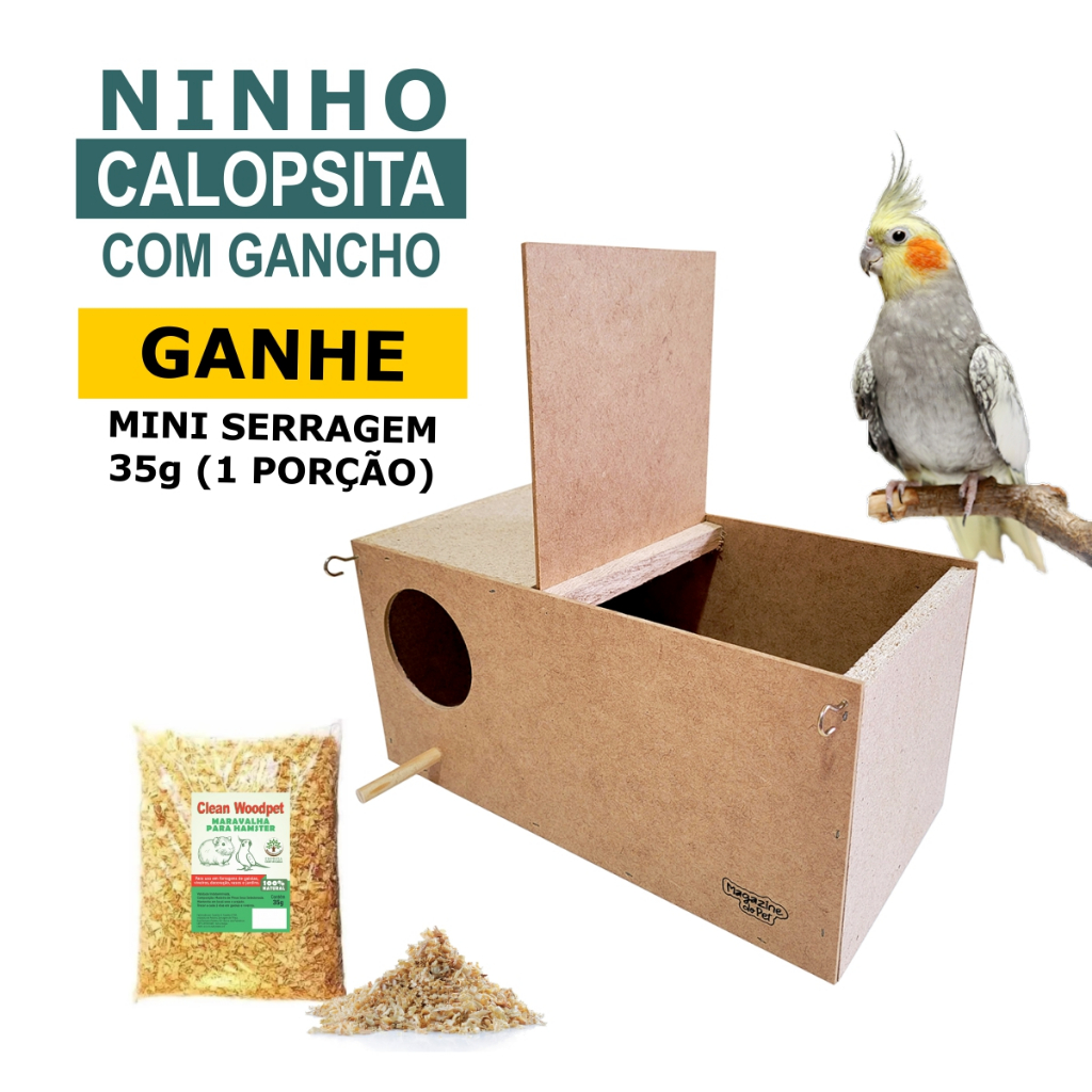 Ninho para Calopsita G com Gancho Prender Gaiola e Serragem Maravalha 35g Casa Aves Ninho Criador