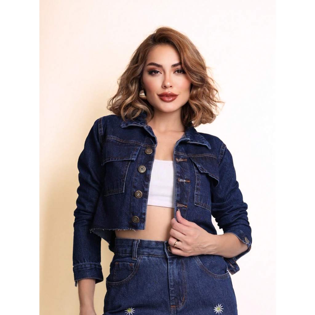 Jaqueta jeans com barra cortada modelo com bolso feminino novo 2025