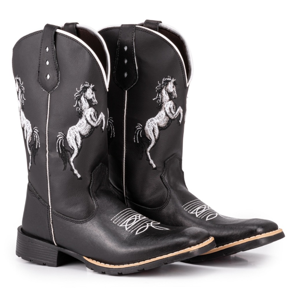 Bota Texana Masculina Country Bico Quadrado Solado De Borracha Costurado 2 Cavalos
