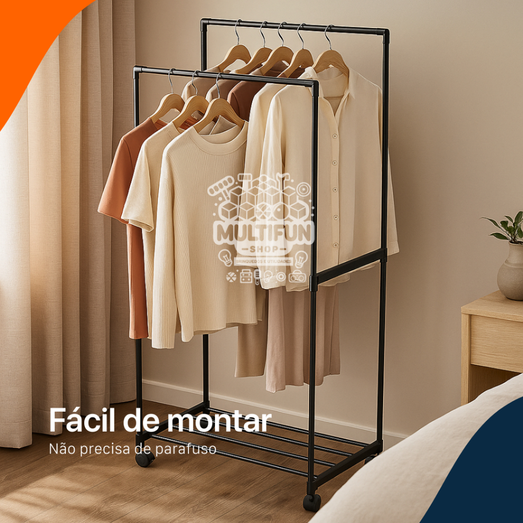 Cabideiro Arara Dupla de Roupa em Sapateira Quarto Resistente C/ Rodinha Multiuso Mais de 20 Cabides em Oferta na Shopee