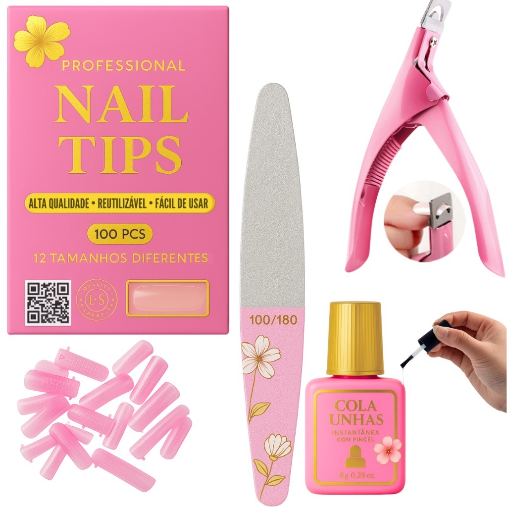 KIT- UNHA POSTICA TIPS REALISTA Transparente Cola com Pincel Cortador de Tips e lixa