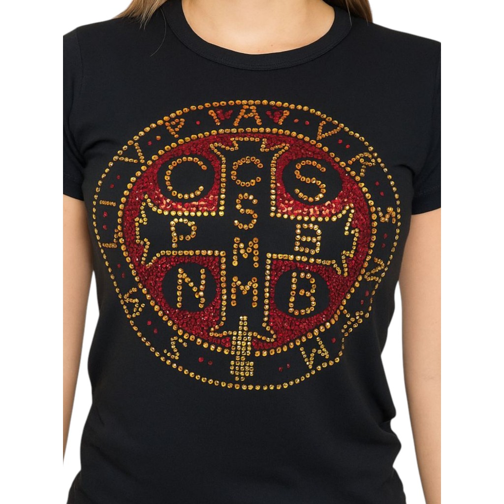 Camisa Baby Look Feminina Medalhão de São bento Preta - Camiseta blusa de elastano