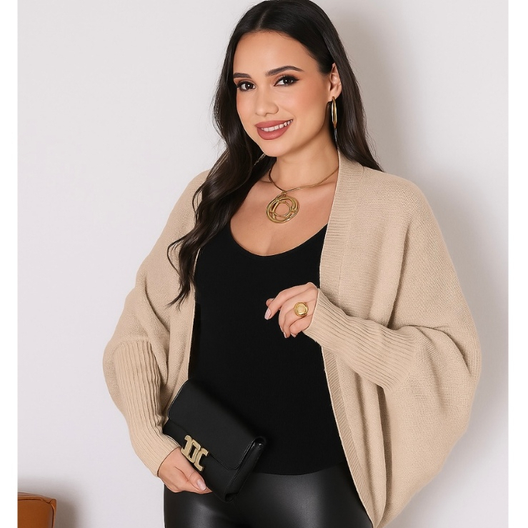 Poncho Capa  Casaco Feminino Tricô Manga Longa Cardigan Kimono Outono Inverno Blusa de Frio
