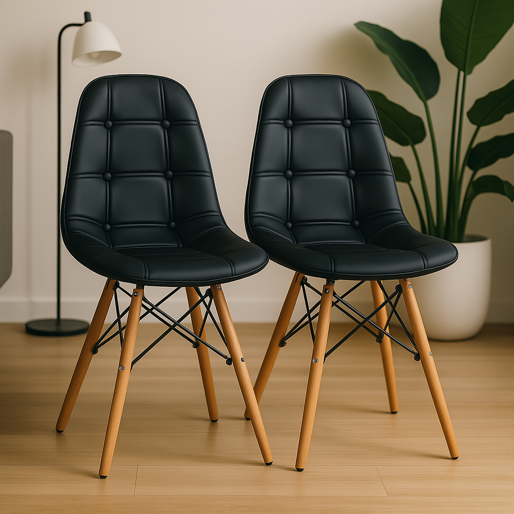 Conjunto 2 Cadeiras Estofadas Para Mesa De Jantar Charles Eames Botonê Preta Base Madeira Wood em Oferta na Shopee