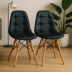 Conjunto 2 Cadeiras Estofadas Para Mesa De Jantar Charles Eames Botonê Preta Base Madeira Wood