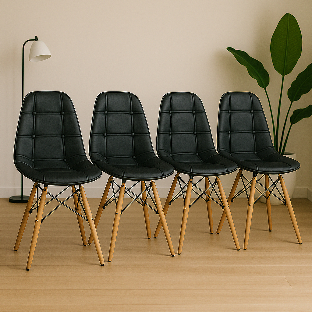 Conjunto 4 Cadeiras Estofadas Para Mesa De Jantar Charles Eames Eiffel Botone Preta Base Madeira em Oferta na Shopee