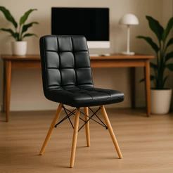Cadeira Estofada Confortável Para Mesa De Jantar Cozinha Base Madeira Charles Eames Gomos Preta
