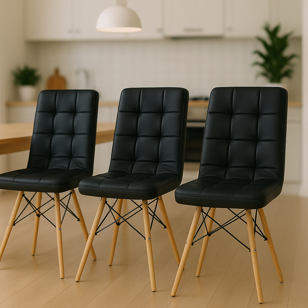 Conjunto 3 Cadeiras Estofadas Confortável Para Mesa De Jantar Cozinha Charles Eames Gomos Preta - Home & Living