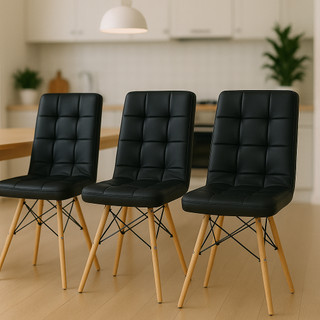 Conjunto 3 Cadeiras Estofadas Confortável Para Mesa De Jantar Cozinha Charles Eames Gomos Preta