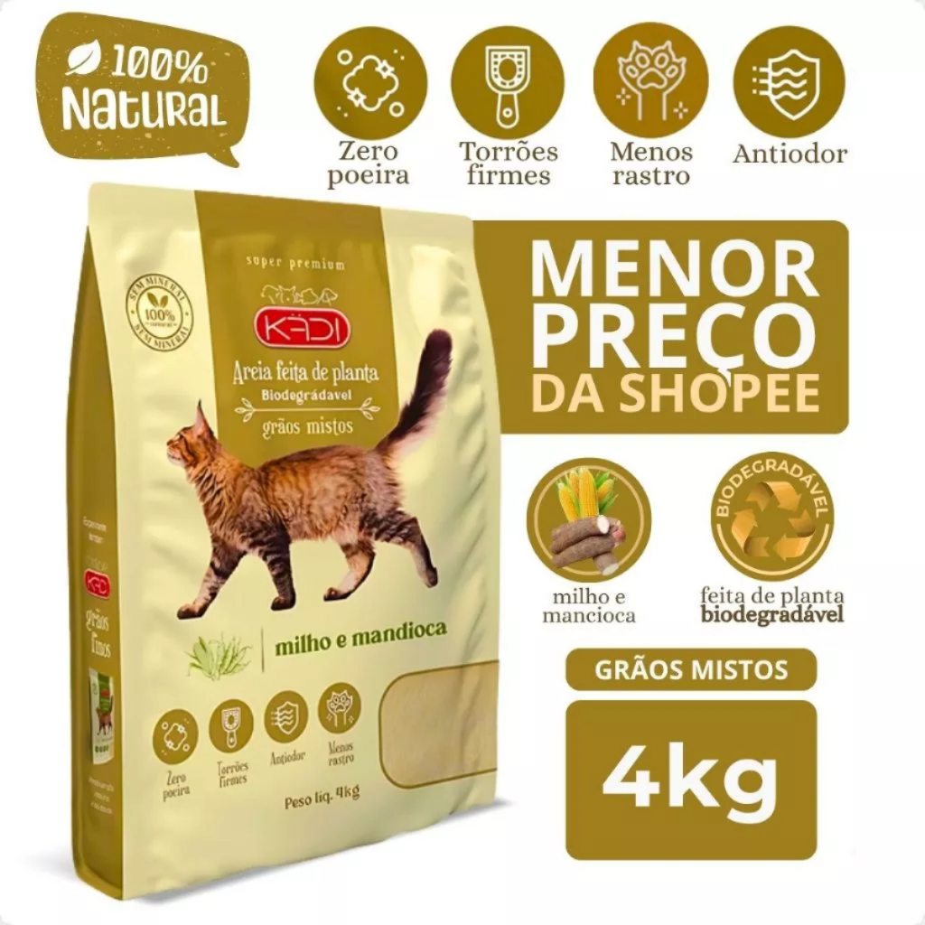 Areia Biodegradável Kadi Grão Misto (fino e grosso) Gato 4kg Milho Mandioca Cat Gatos bio em Oferta na Shopee