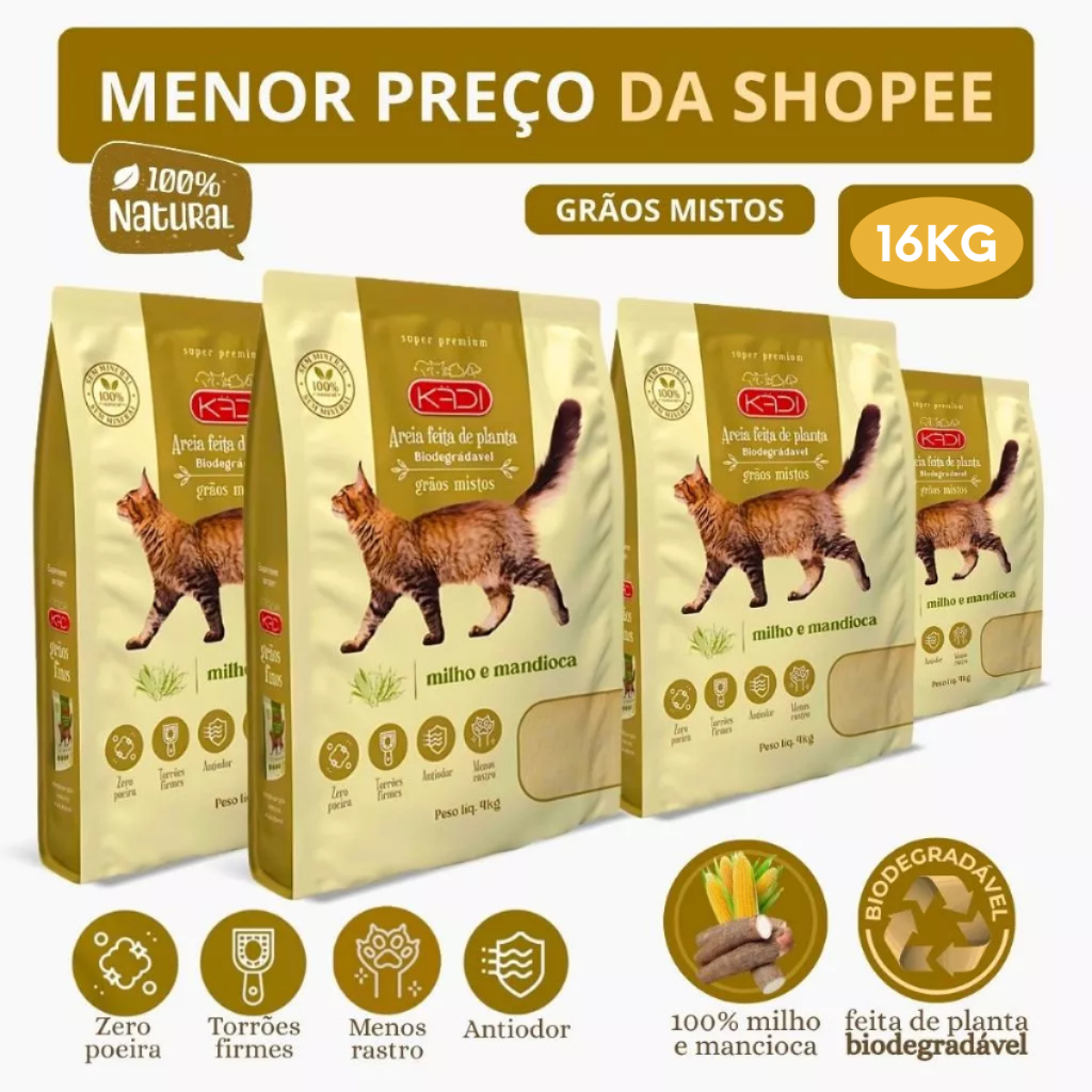 Areia Biodegradável Kadi Grãos Mistos Gatos 16 KG Grão Misto Gato Milho Mandioca (4 pacotes de 4 kg) em Oferta na Shopee