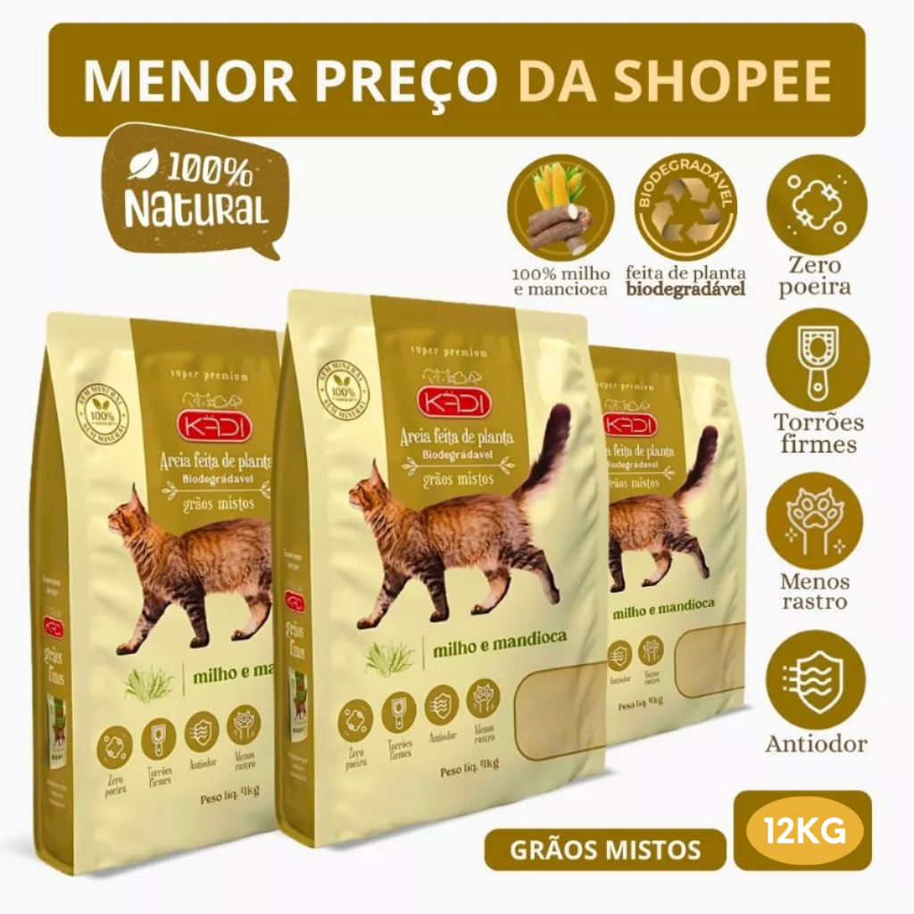 Areia Biodegradável Kadi Grãos Mistos Gatos 12KG Grão Misto Gato Milho Mandioca (3 pacotes de 4 kg) em Oferta na Shopee