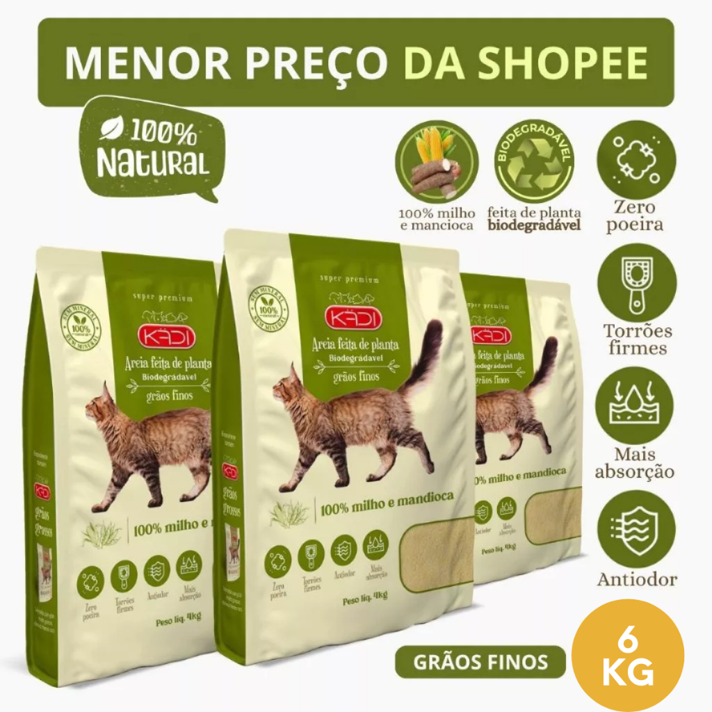 Kit 3 Areia Biodegradável Kadi Grãos Finos Gatos Grão Fino Cat Gato Kit Total 6KG Milho Ma...