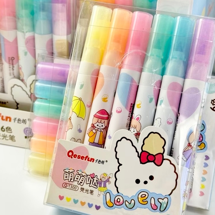 Kit c/6 Marca Texto Fofo Menininha Kawaii Cores Neon Caneta