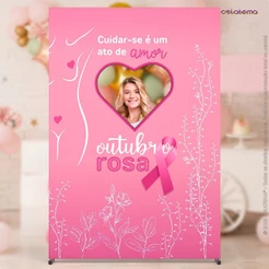 Painel Outubro Rosa Retangular Interativo Vazado para Foto Sublimado Em Tecido 1,50x2,20m