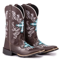 Bota Texana Feminina Country Bico Quadrado Solado De Borracha Cruz Azul Espelhada