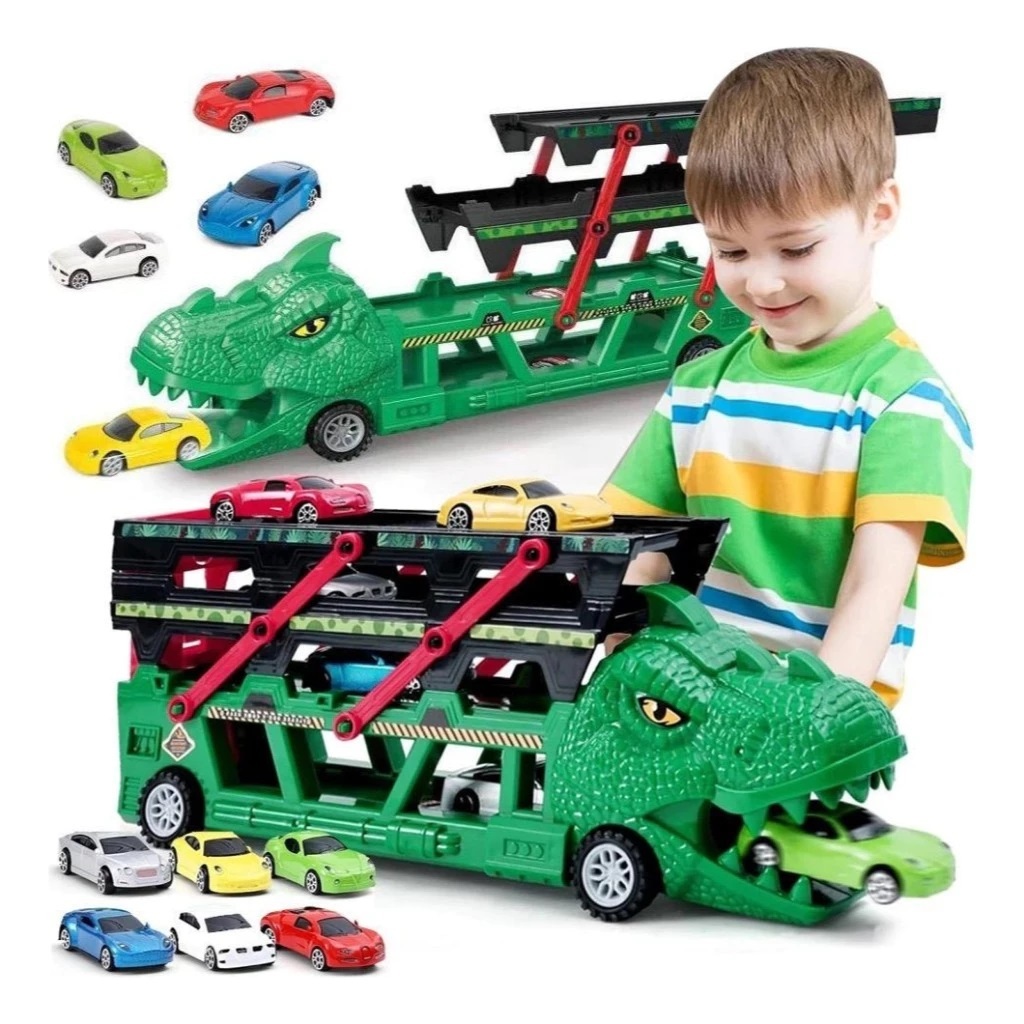 Brinquedo Caminhão Dinossauro Cegonha Com 6 Carrinhos Com Lançador Brinquedo